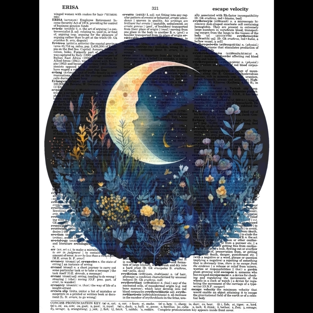Moon Starry Sky Landscape Nature Flower Vintage Dictionary Art Print